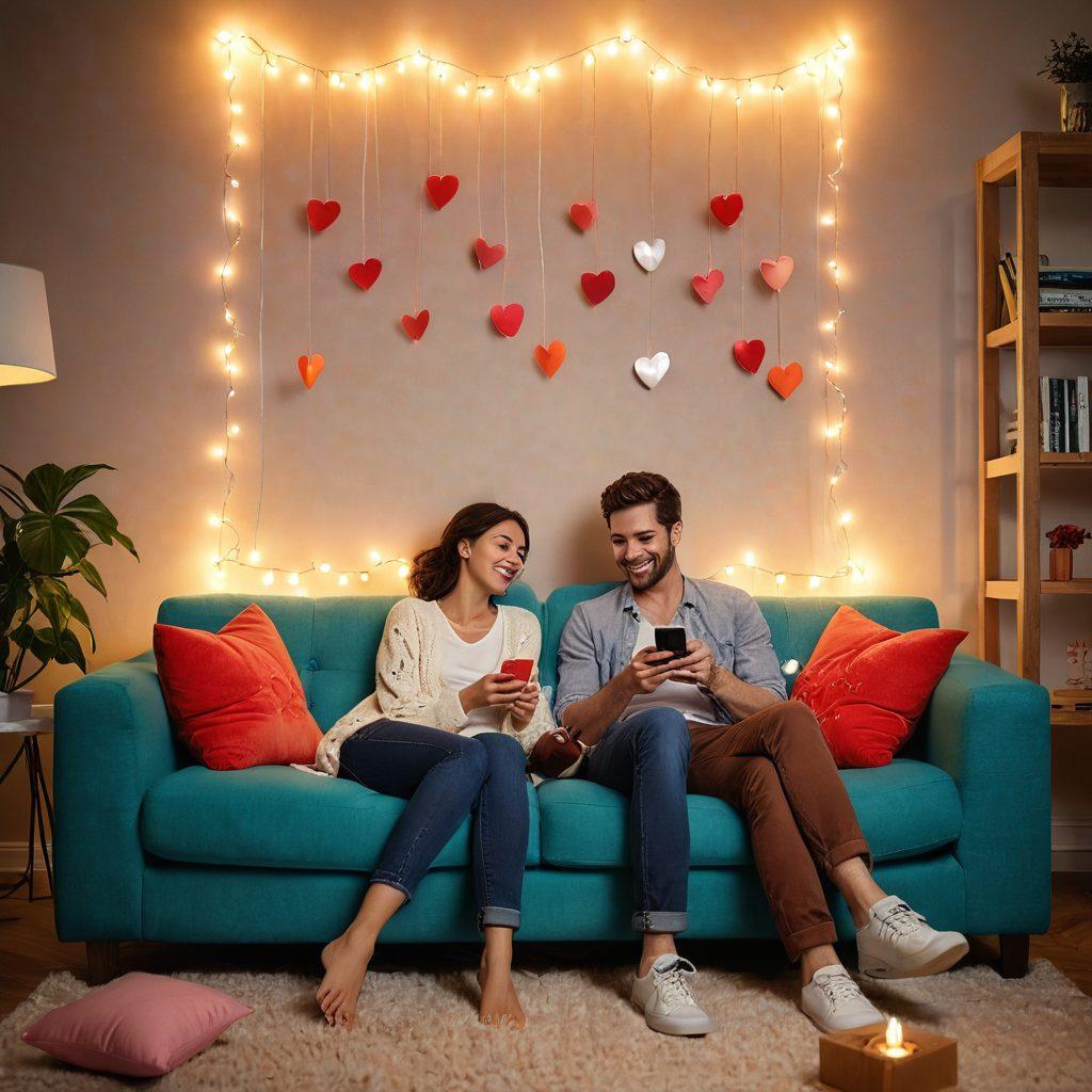A couple sitting closely on a couch, immersed in their smartphones while sharing laughter and glances, surrounded by vivid digital hearts and symbols of love floating in the air. The background features a warm, cozy living room setting with soft lighting that enhances the intimate atmosphere. The scene captures the blend of technology and romance, illustrating emotional connections in the digital age. vibrant colors. super-realistic.