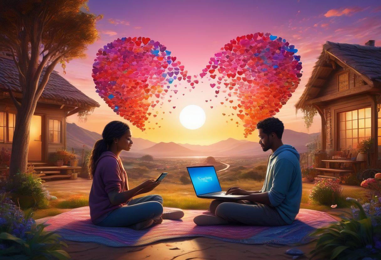 An inviting digital landscape showcasing diverse online community members engaged in heartfelt conversations, surrounded by symbolic imagery of emotional connections like heart shapes, chat bubbles, and virtual hugs. The scene should convey warmth and support, with vibrant colors representing different emotions and cultures. Include elements of technology, like laptops and smartphones, in a cozy, interconnected setup. super-realistic. vibrant colors. 3D.